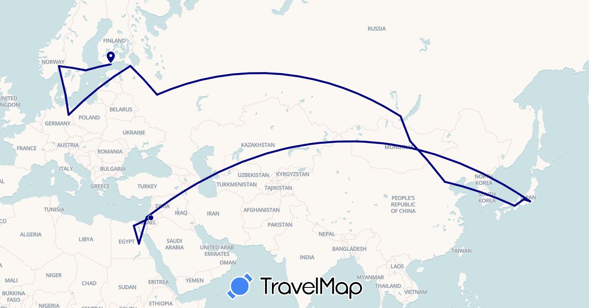 TravelMap itinerary: driving in China, Germany, Denmark, Egypt, Finland, Israel, Jordan, Japan, Mongolia, Norway, Russia, Sweden (Africa, Asia, Europe)